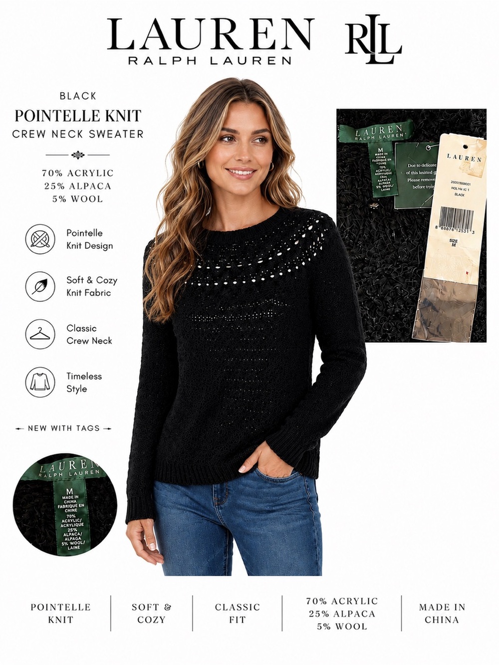 Lauren Ralph Lauren NWT Black Pointelle Knit Crew Neck Alpaca Blend Sweater Med